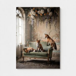 Affiche avec trois renards sur un canapé vert ancien, sous une composition de fleurs suspendues, dans un décor patiné et lumineux.