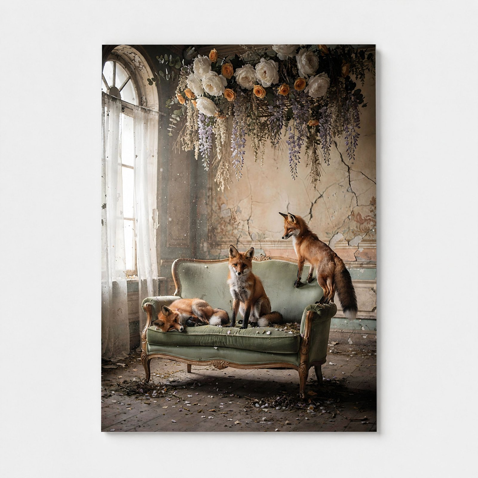 Affiche avec trois renards sur un canapé vert ancien, sous une composition de fleurs suspendues, dans un décor patiné et lumineux.