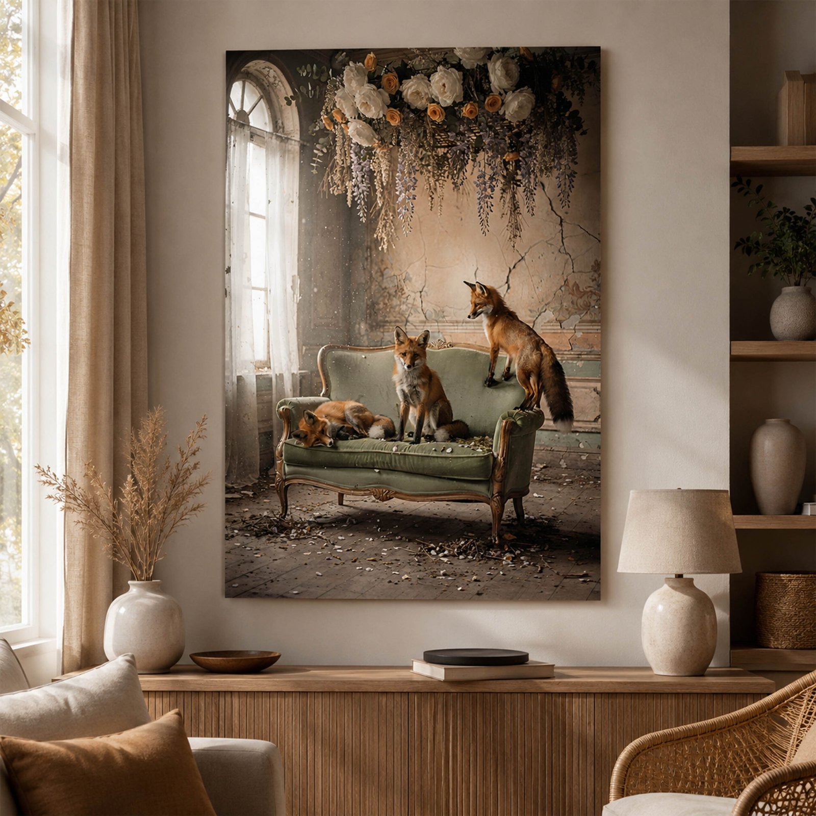 Affiche avec trois renards sur un canapé vert ancien accrochée dans un salon naturel avec meuble en bois, lampe et fauteuil en rotin.