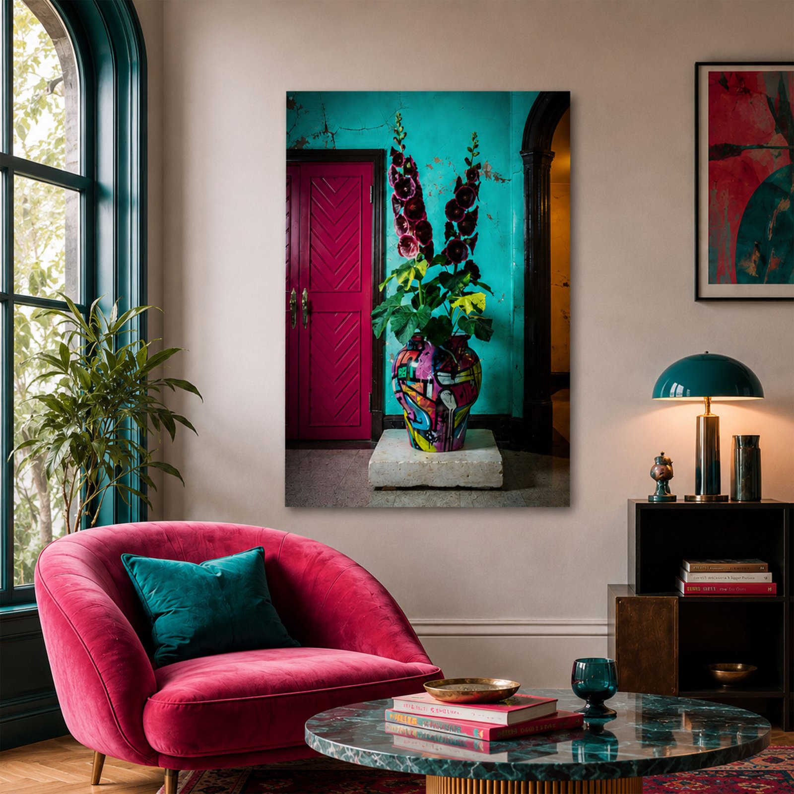 Affiche vase fleuri accrochée dans un salon coloré avec canapé rose, coussins turquoise, plantes et table en marbre vert.