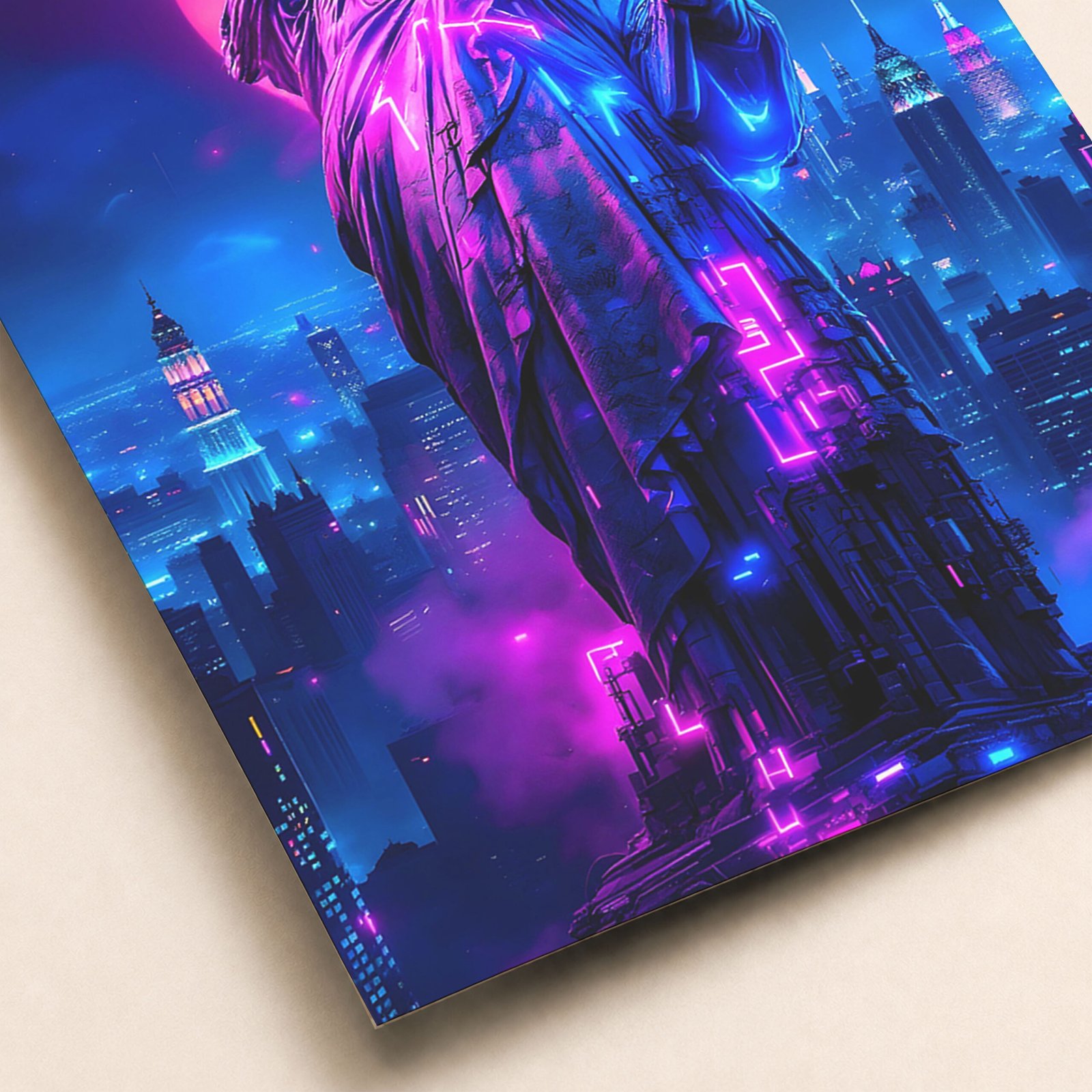 Gros plan sur une affiche avec la Statue de la Liberté en néon rose et bleu, devant la skyline nocturne de New York.