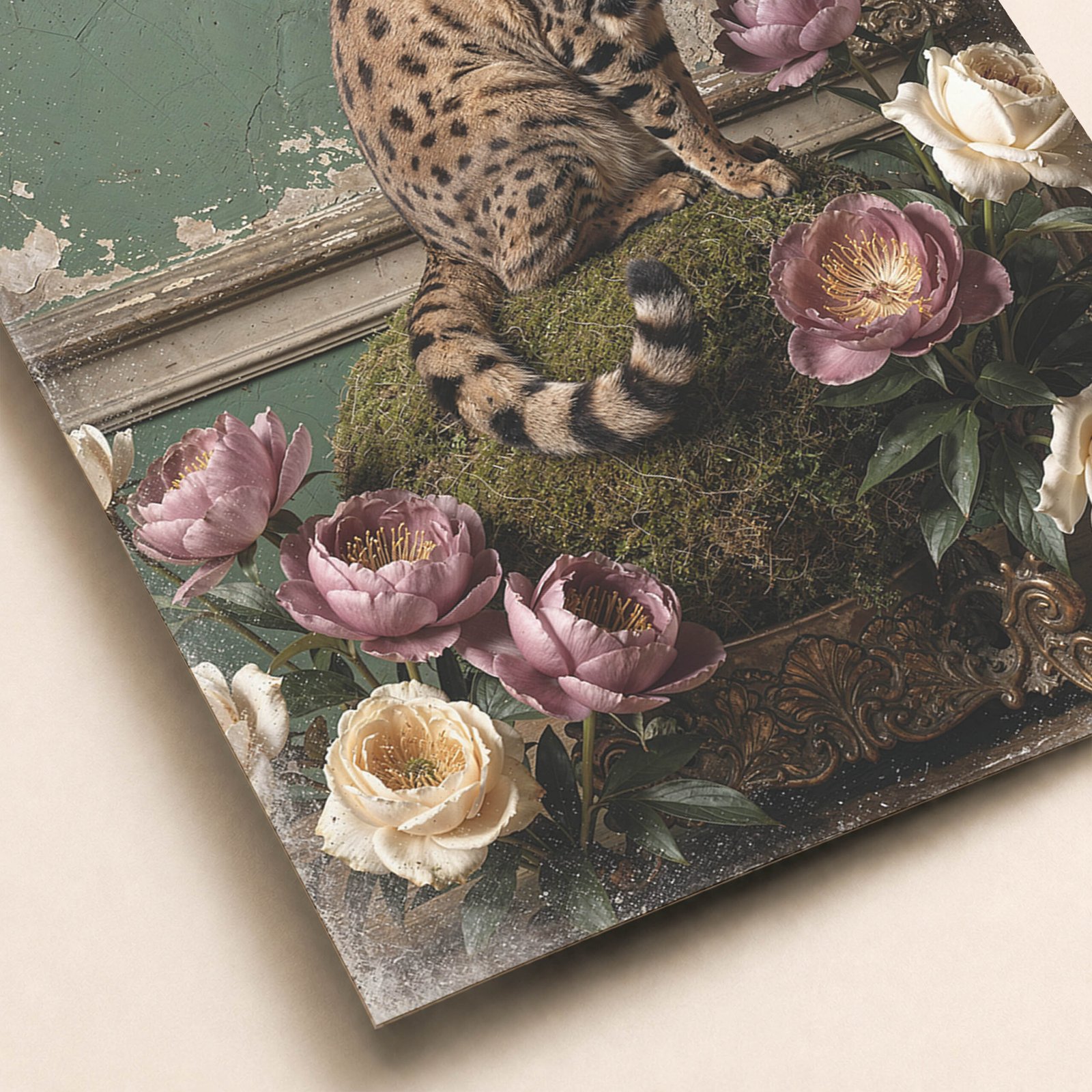 Gros plan sur une affiche avec chat tacheté, mousse verte et fleurs roses et blanches sur fond vert patiné.
