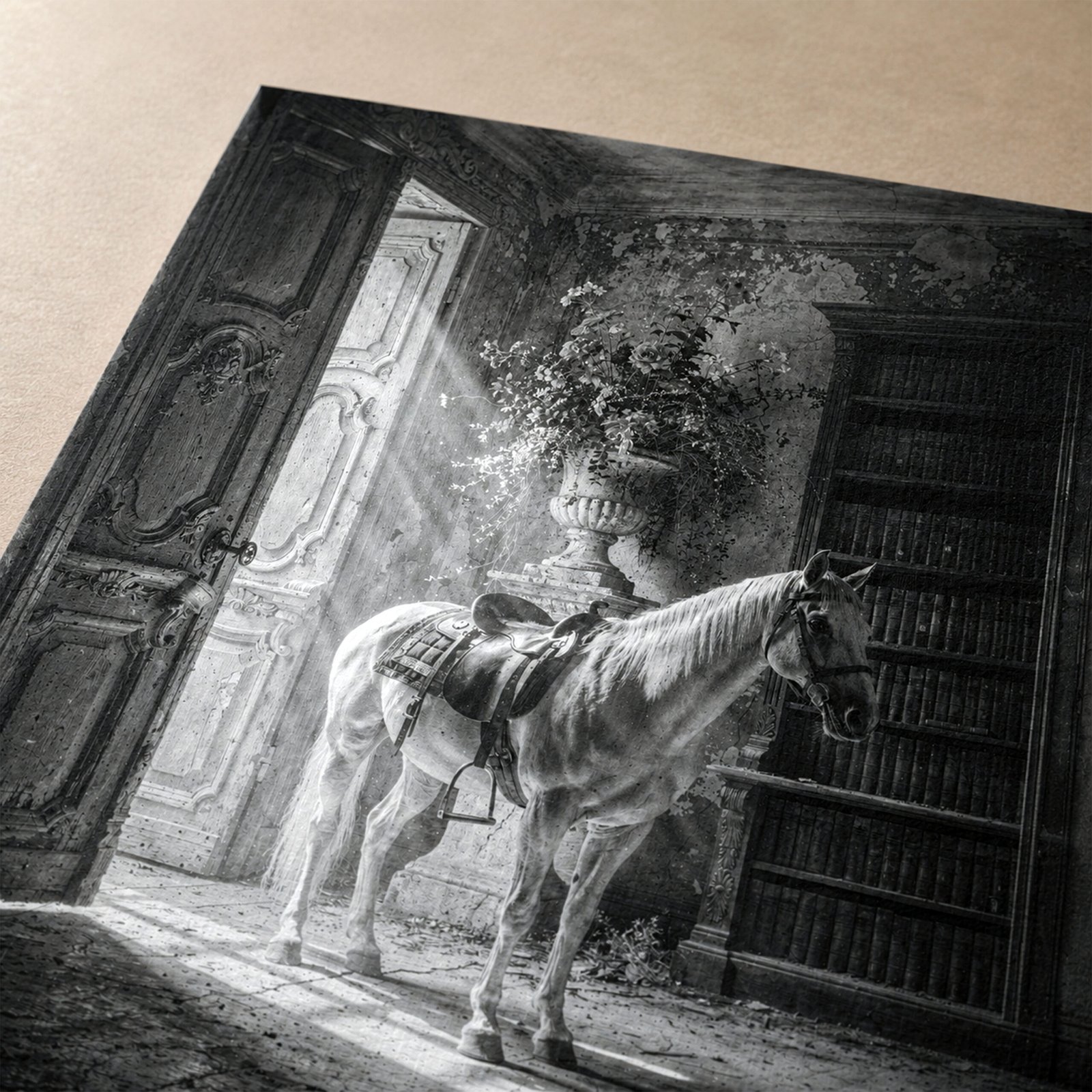 Gros plan sur une affiche en noir et blanc avec un cheval blanc dans une bibliothèque ancienne éclairée par une porte entrouverte.