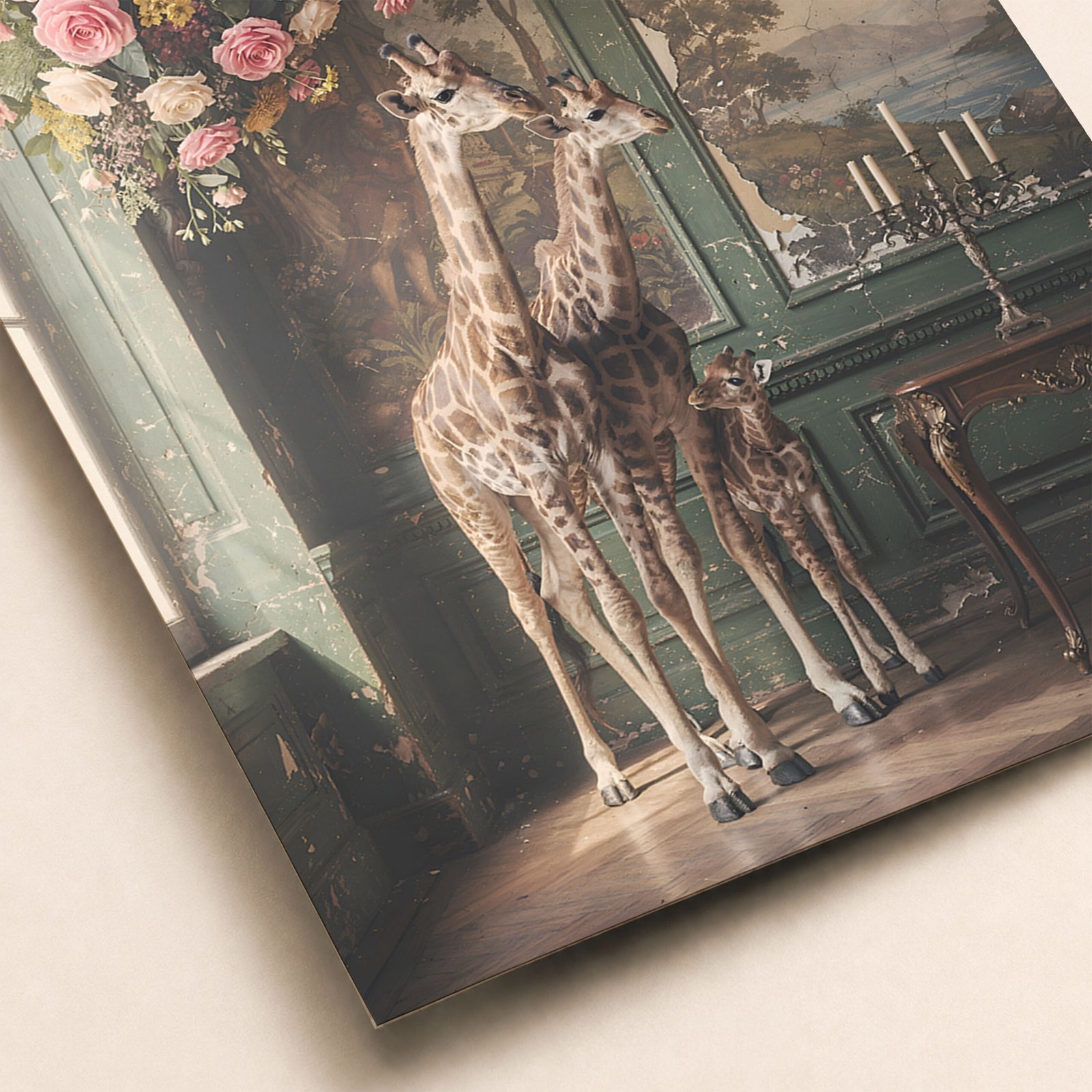 Gros plan sur une affiche avec trois girafes dans un décor ancien vert, avec fleurs suspendues, chandelier et mur patiné.