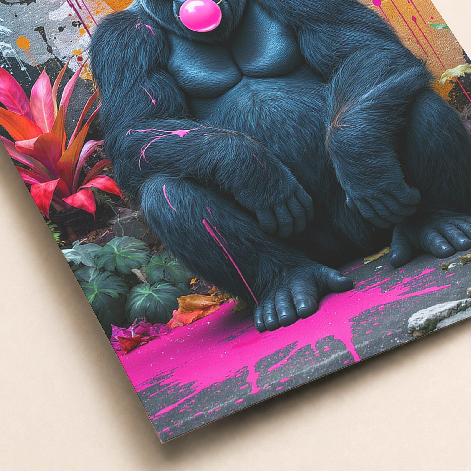 Gros plan sur une affiche avec gorille pop art bleu, éclats de peinture rose, plantes tropicales et décor graffiti.