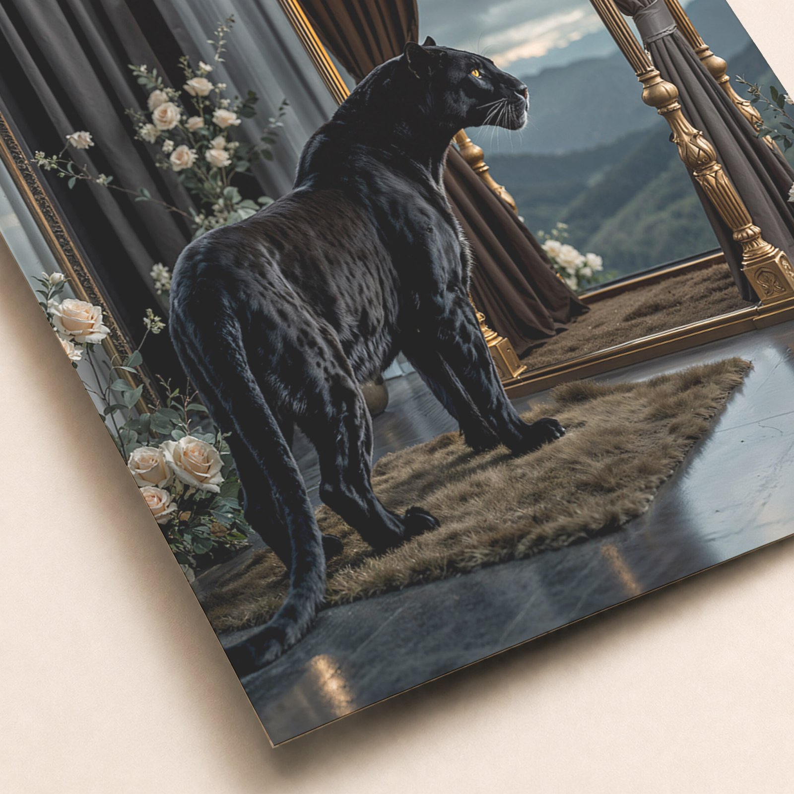 Gros plan sur une affiche avec panthère noire dans un décor sombre, avec rideaux, fleurs blanches et détails dorés.
