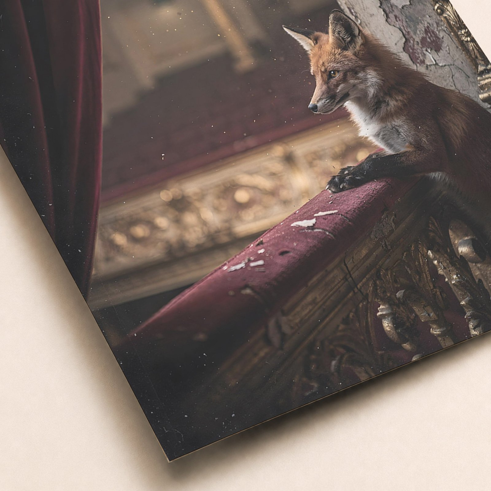 Gros plan sur une affiche avec un renard accoudé à une balustrade en velours bordeaux dans un décor de théâtre ancien.