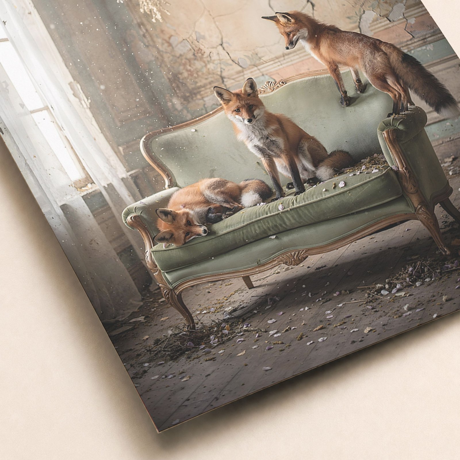 Gros plan sur une affiche avec trois renards posés sur un canapé vert ancien dans un décor lumineux et patiné.