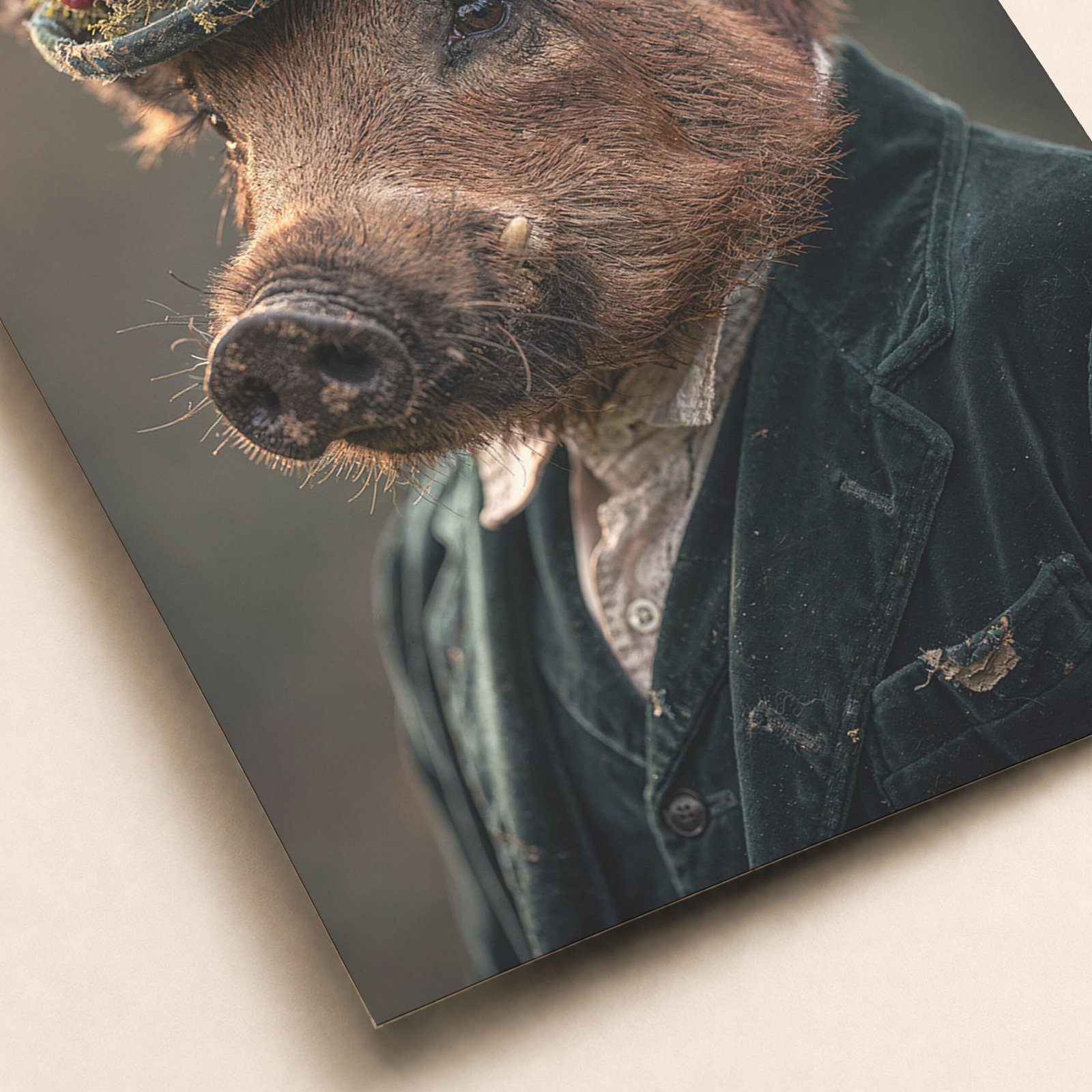 Gros plan sur une affiche avec un sanglier en costume vert et chapeau fleuri, montrant les détails du pelage et du vêtement.