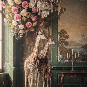 Affiche avec trois girafes dans un intérieur ancien vert, sous un bouquet de roses suspendues, avec chandelier et décor patiné.