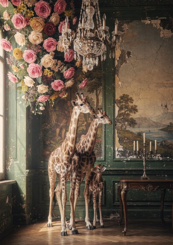 Affiche avec trois girafes dans un intérieur ancien vert, sous un bouquet de roses suspendues, avec chandelier et décor patiné.