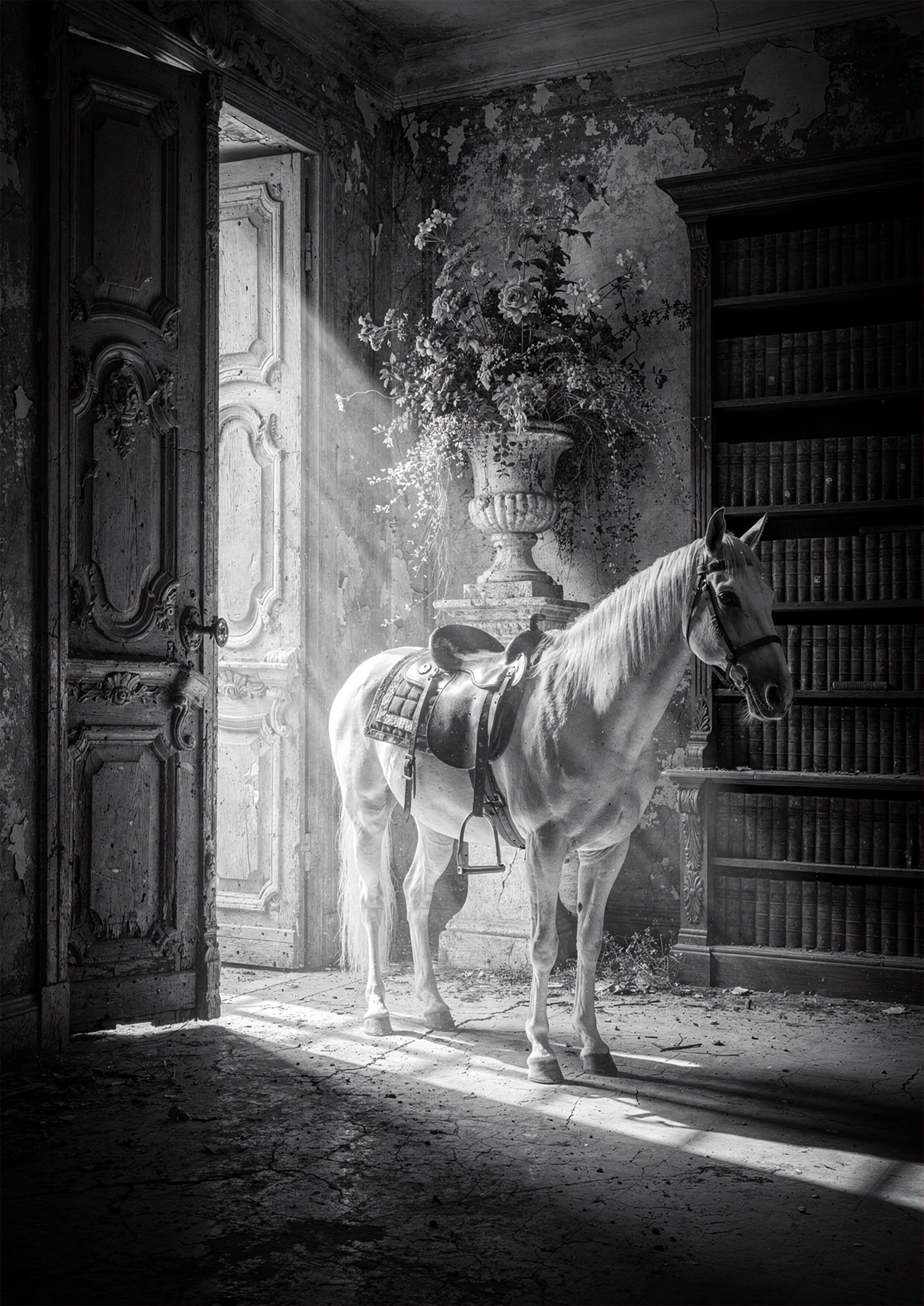 Affiche en noir et blanc avec un cheval blanc sellé dans une bibliothèque ancienne, éclairé par la lumière d’une porte entrouverte.