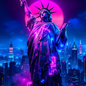 Affiche futuriste de la Statue de la Liberté éclairée en néon rose et bleu, devant la skyline nocturne de New York et une grande lune violette.