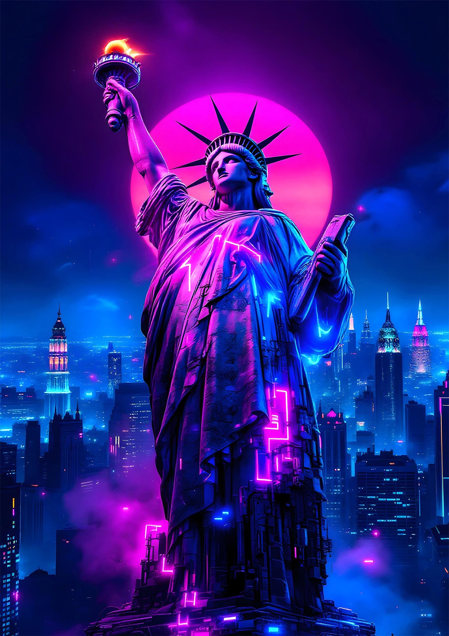 Affiche futuriste de la Statue de la Liberté éclairée en néon rose et bleu, devant la skyline nocturne de New York et une grande lune violette.