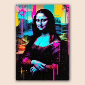 Portrait façon Joconde revisité en pop art avec couleurs fluo, coulures de peinture et cœurs roses sur fond graphique.