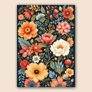 Affiche florale vintage avec grandes fleurs orange, rouges et crème, feuillages verts et bleus sur fond bleu nuit.