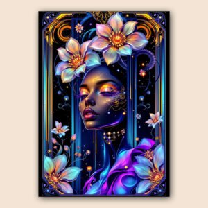 Portrait féminin futuriste avec fleurs néon, détails dorés, couleurs bleu, violet et turquoise sur fond sombre.