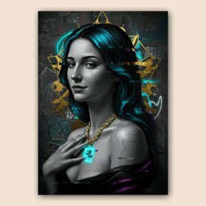 Portrait féminin noir et blanc avec cheveux turquoise, collier doré, pendentif néon et fond graphique urbain.