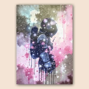 Affiche d’astronaute en silhouette sur fond galaxie rose, gris et bleu clair avec étoiles, taches de peinture et coulures graphiques.