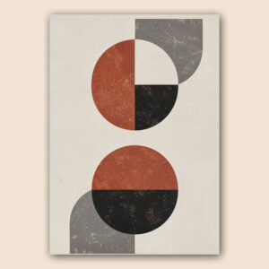 Affiche abstraite minimaliste avec cercles terracotta, formes noires et grises sur fond crème texturé.