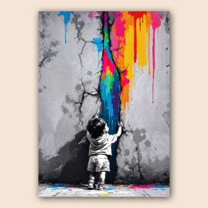 Affiche street art avec enfant en noir et blanc devant un mur fissuré rempli de coulures colorées bleues, roses, jaunes et orange.