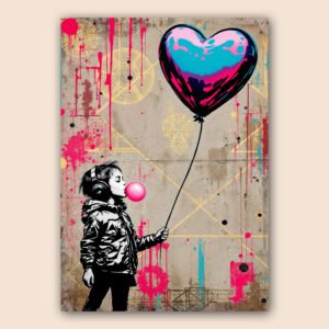 Affiche street art avec enfant au casque, bulle de chewing-gum rose et ballon cœur turquoise sur fond graffiti.