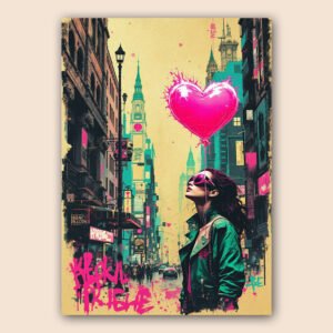 Affiche street art avec femme en veste verte, lunettes roses et ballon cœur fuchsia dans une rue urbaine.