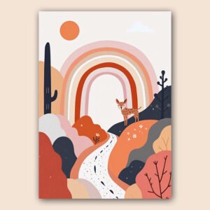 Affiche enfant avec faon, grand arc-en-ciel et paysage de collines dans des tons terracotta, rose et beige.