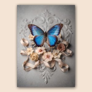 Affiche avec papillon bleu, fleurs délicates et rubans beiges sur fond gris texturé avec motifs vintage.