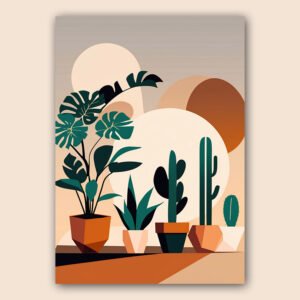 Affiche botanique minimaliste avec plantes vertes, cactus et pots terracotta sur fond beige géométrique.