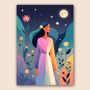 Affiche illustrée d’une femme parmi des fleurs, sous une pleine lune et un ciel étoilé bleu nuit.