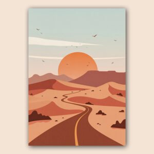 Affiche paysage désertique avec route sinueuse, dunes terracotta, soleil orange et oiseaux dans un ciel clair.
