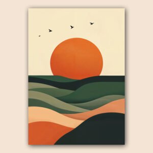 Affiche paysage abstrait avec grand soleil orange, collines vertes et terracotta, et quatre oiseaux noirs.
