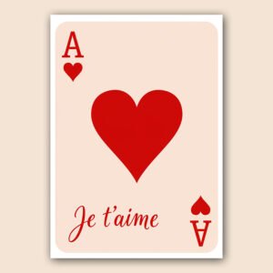 Affiche as de cœur rouge avec grand cœur central et inscription « Je t’aime » sur fond rose beige.