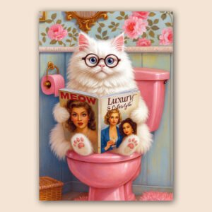 Affiche humoristique avec chat blanc à lunettes lisant un magazine sur des toilettes roses dans un décor fleuri.