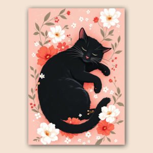 Affiche illustrée d’un chat noir endormi entouré de fleurs blanches et corail sur un fond rose poudré.
