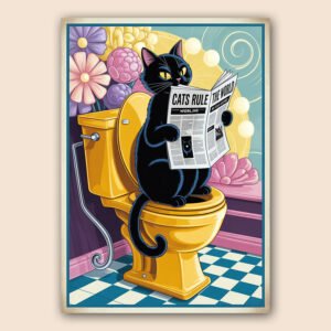 Affiche humoristique avec chat noir lisant « Cats Rule the World » sur des toilettes jaunes dans un décor coloré.