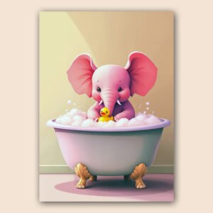 Affiche enfant montrant un éléphant rose dans une baignoire pleine de mousse avec un petit canard jaune.