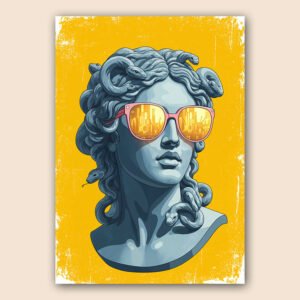 Affiche pop art représentant Méduse en buste bleu, avec serpents, lunettes roses et reflets urbains sur fond jaune.