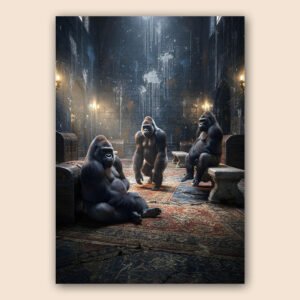 Illustration de trois gorilles dans une salle de château sombre avec murs en pierre, tapis anciens, coffres et lumière de torches.