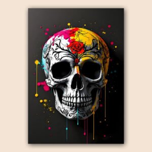 Affiche crâne street art blanc avec rose rouge, arabesques noires et projections jaune, rose et turquoise sur fond noir.