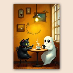 Affiche drôle montrant un chat noir et un fantôme avec leurs smartphones autour d’une tasse de café fumante.