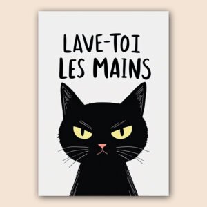 Affiche humoristique avec chat noir aux yeux jaunes et texte « Lave-toi les mains » sur fond blanc.