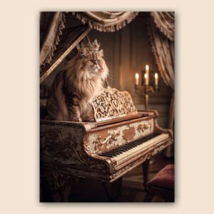 Chat couronné posé sur un piano ancien dans un décor vintage avec rideaux, bougies et ambiance baroque.
