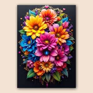 Affiche bouquet floral coloré sur fond noir