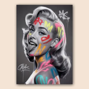 Affiche portrait femme noir et blanc style vintage avec graffiti coloré sur le visage et le corps