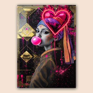 Portrait féminin pop art avec foulard coloré, bulle rose, cœur néon, graffitis fluo et motifs dorés sur fond noir.