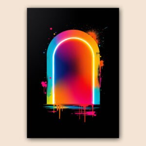 Affiche abstraite avec arche lumineuse néon en dégradé multicolore sur fond noir avec effets de peinture