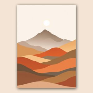 Affiche paysage abstrait de montagnes en tons chauds avec formes douces superposées et soleil au centre