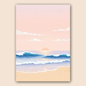 Affiche plage avec vagues et coucher de soleil en style minimaliste pastel avec ciel rose et mer calme
